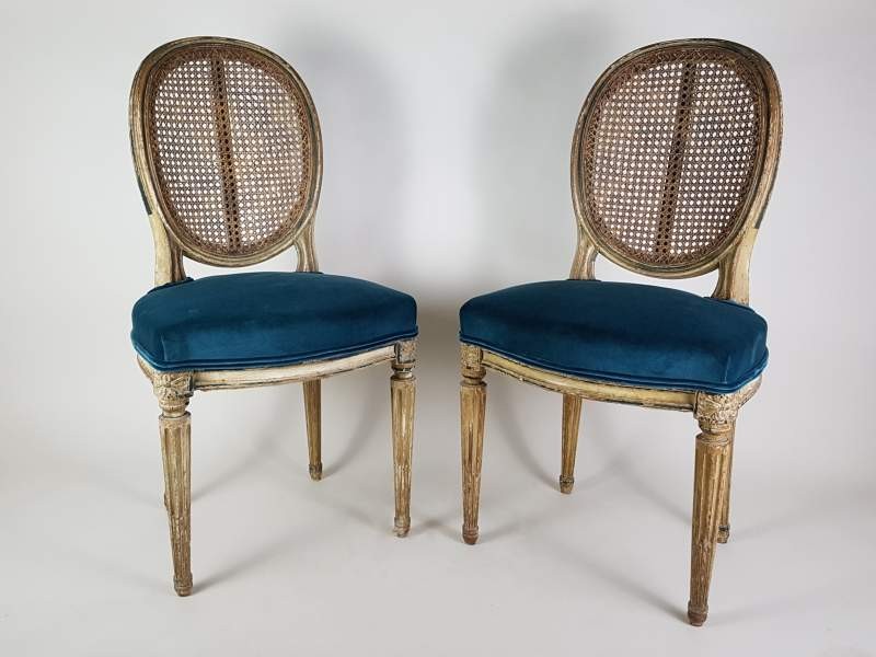 Pair of Napoleon III Caned Chairs with teal velvet seats