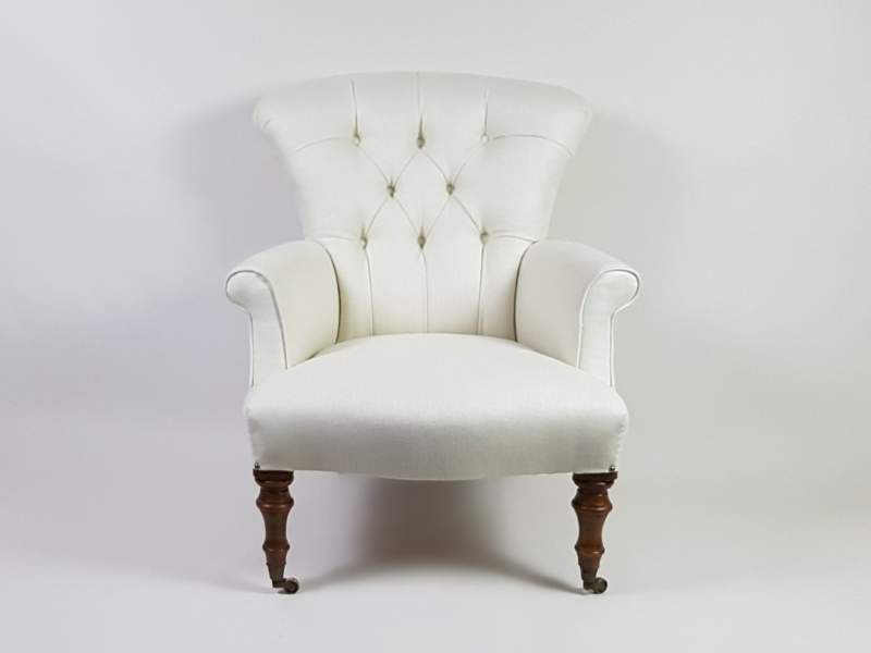 Victorian button backed Arm Chair covered in linen