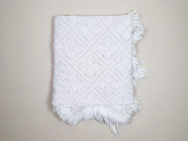 French crocheted intricately designed  white cotton Bedcover