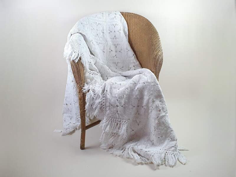 French crocheted intricately designed  white cotton Bedcover