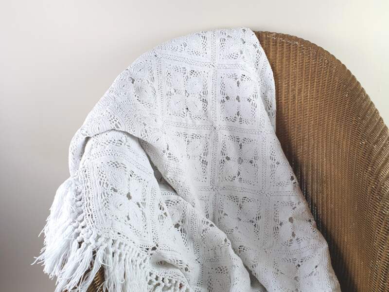 French crocheted intricately designed  white cotton Bedcover