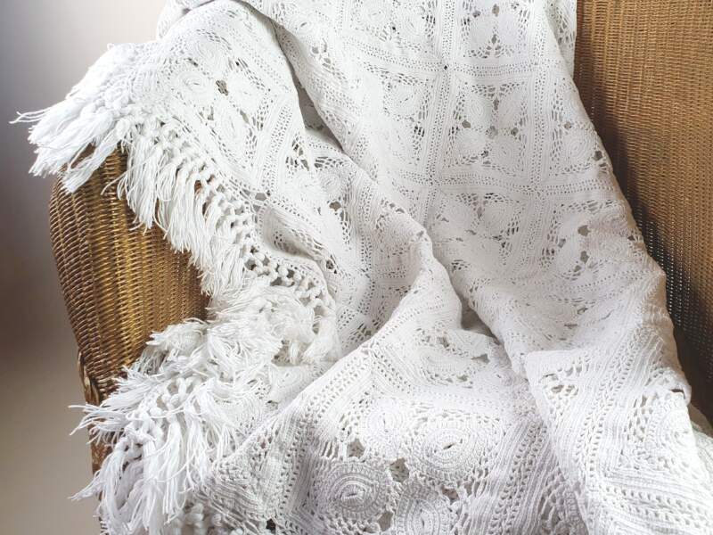 French crocheted intricately designed  white cotton Bedcover