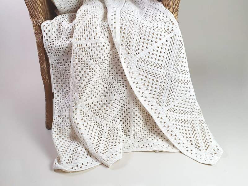 French cream cotton hand crocheted Bedspread with geometrical design