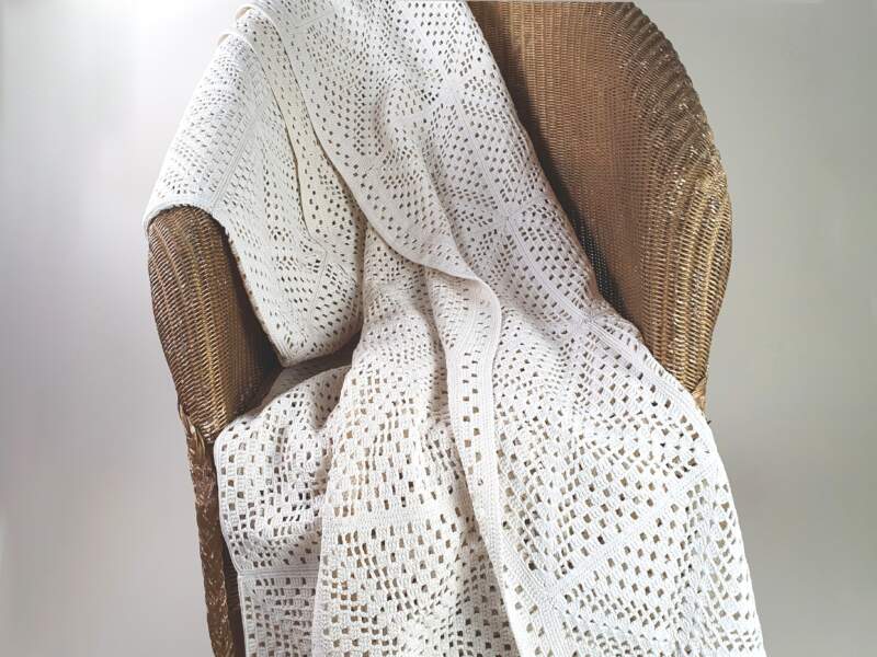 French cream cotton hand crocheted Bedspread with geometrical design