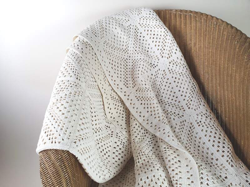 French cream cotton hand crocheted Bedspread with geometrical design
