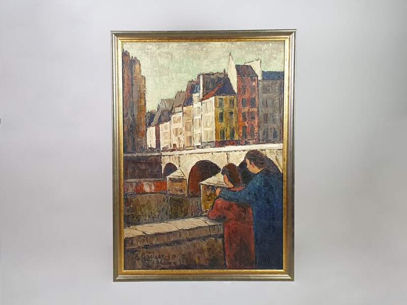 Mid Century French Oil on Canvas, Couple at Bridge