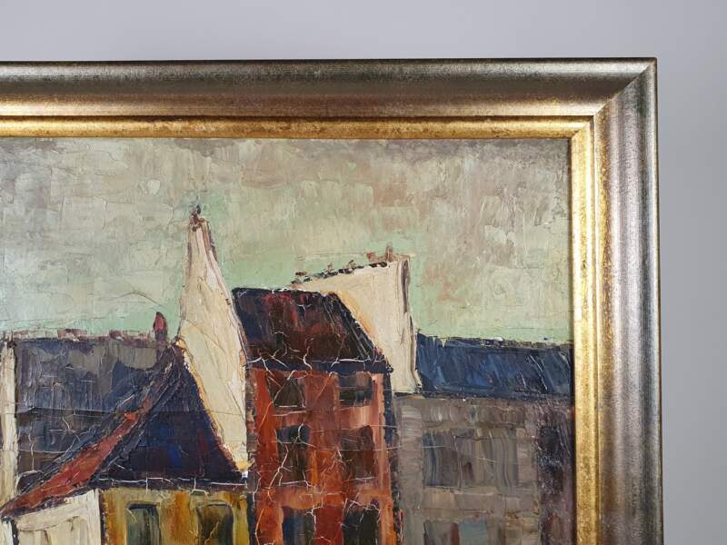 Mid Century French Oil on Canvas, Couple at Bridge