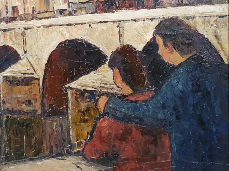 Mid Century French Oil on Canvas, Couple at Bridge