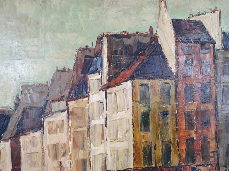 Mid Century French Oil on Canvas, Couple at Bridge