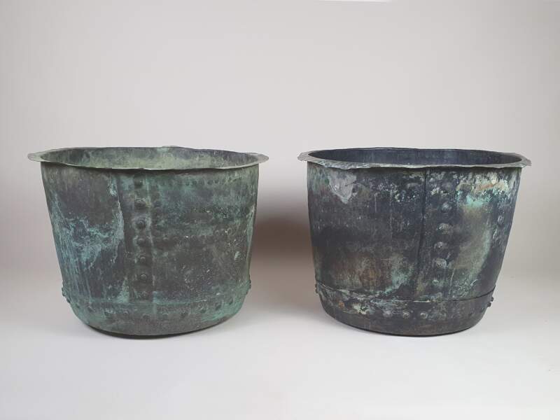 Pair of English rivetted Copper Planters with good verdigris
