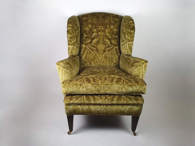 Large, generously proportioned Victorian Wing Backed Armchair, recovered in green velvet