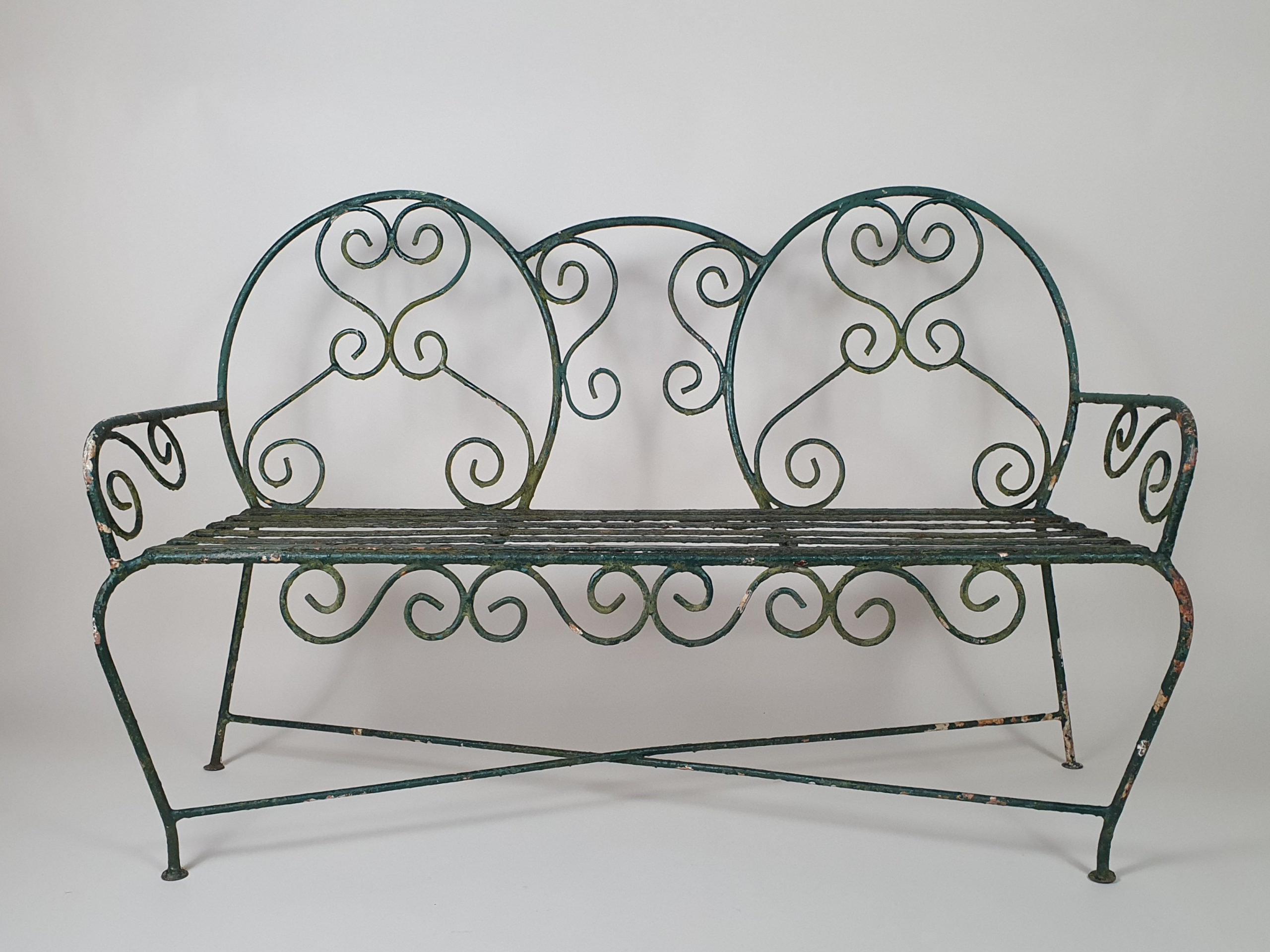 Green wrought iron mid century garden bench and chairs