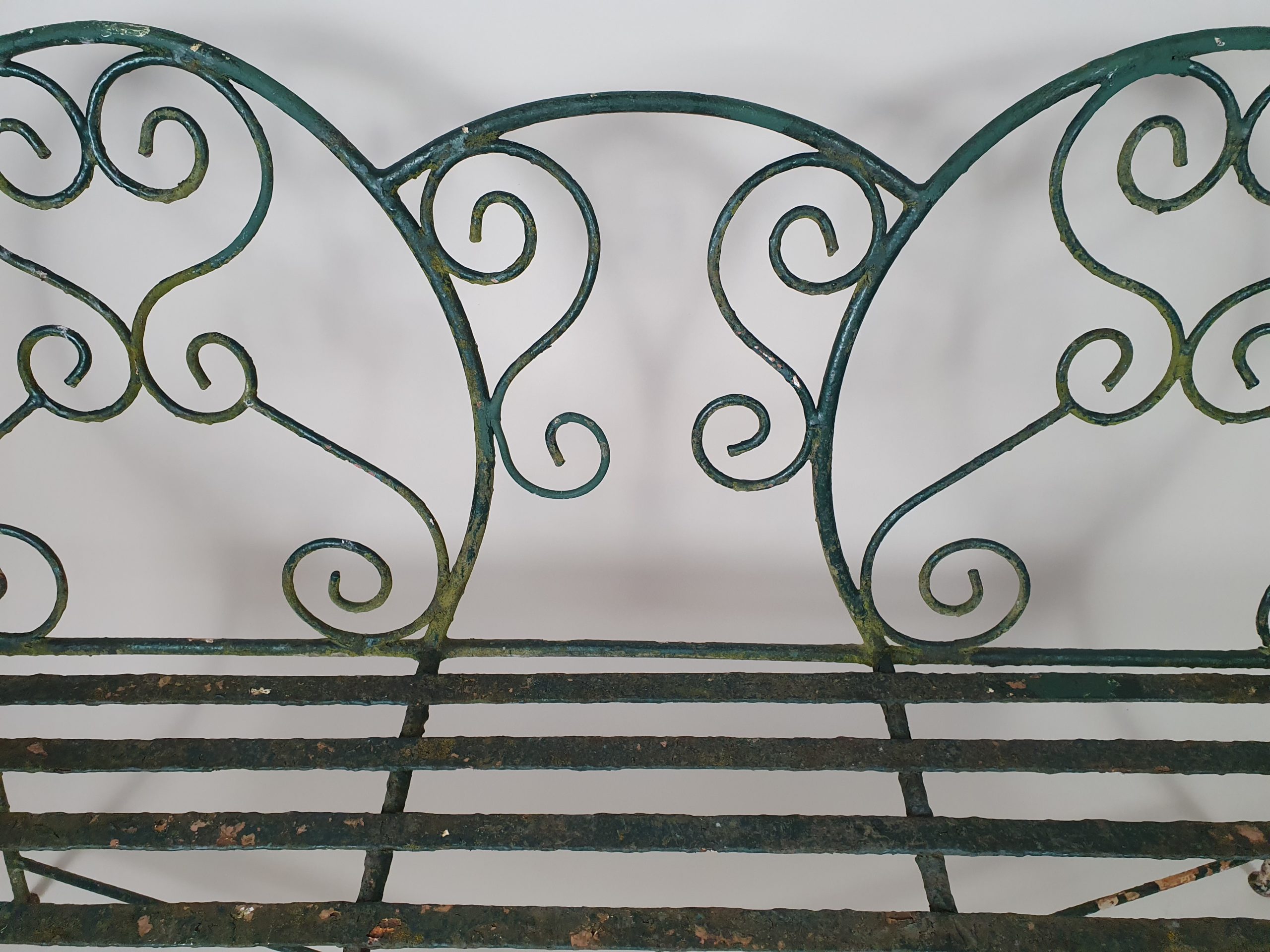 Green wrought iron mid century garden bench and chairs