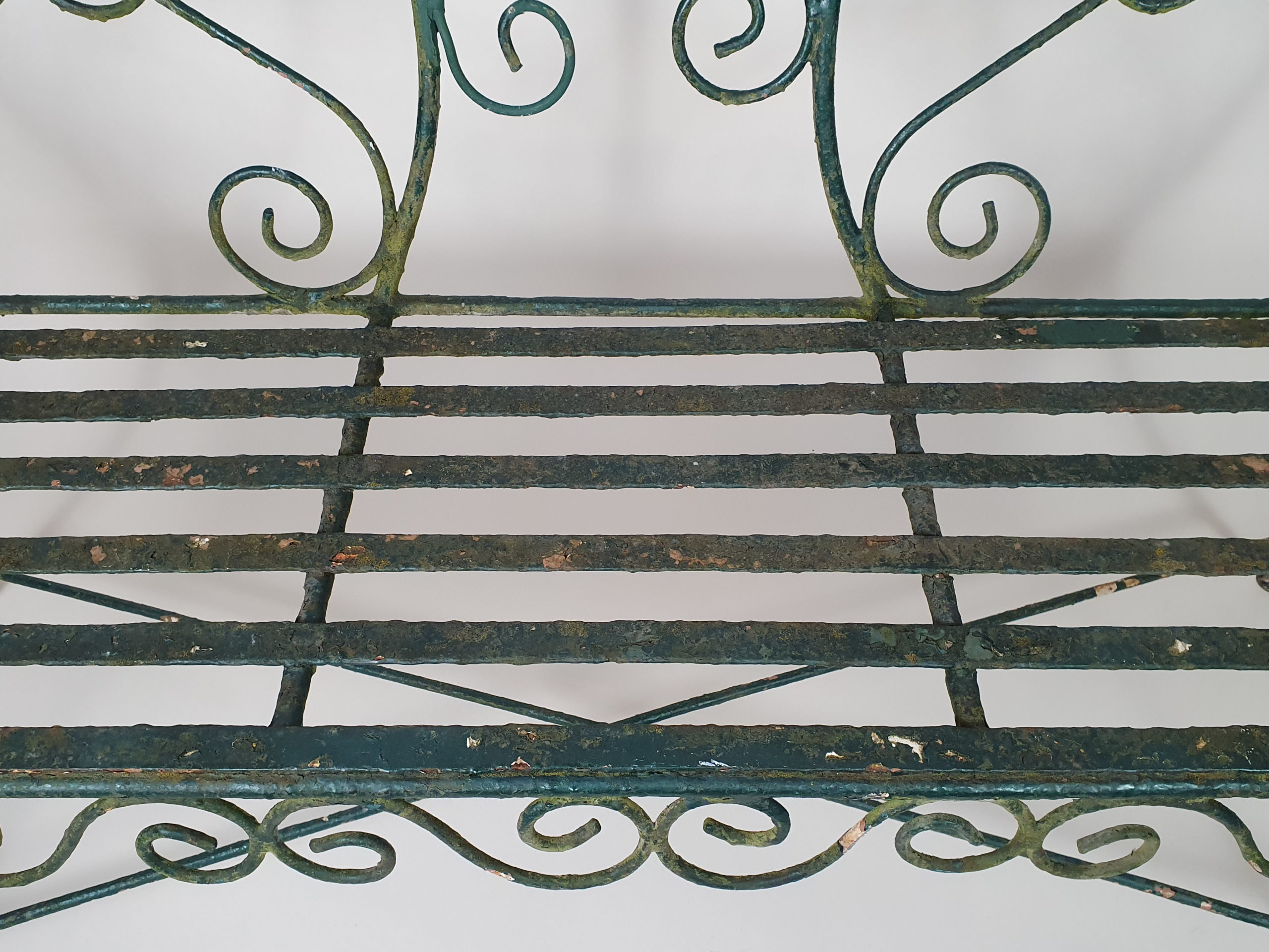 Green wrought iron mid century garden bench and chairs