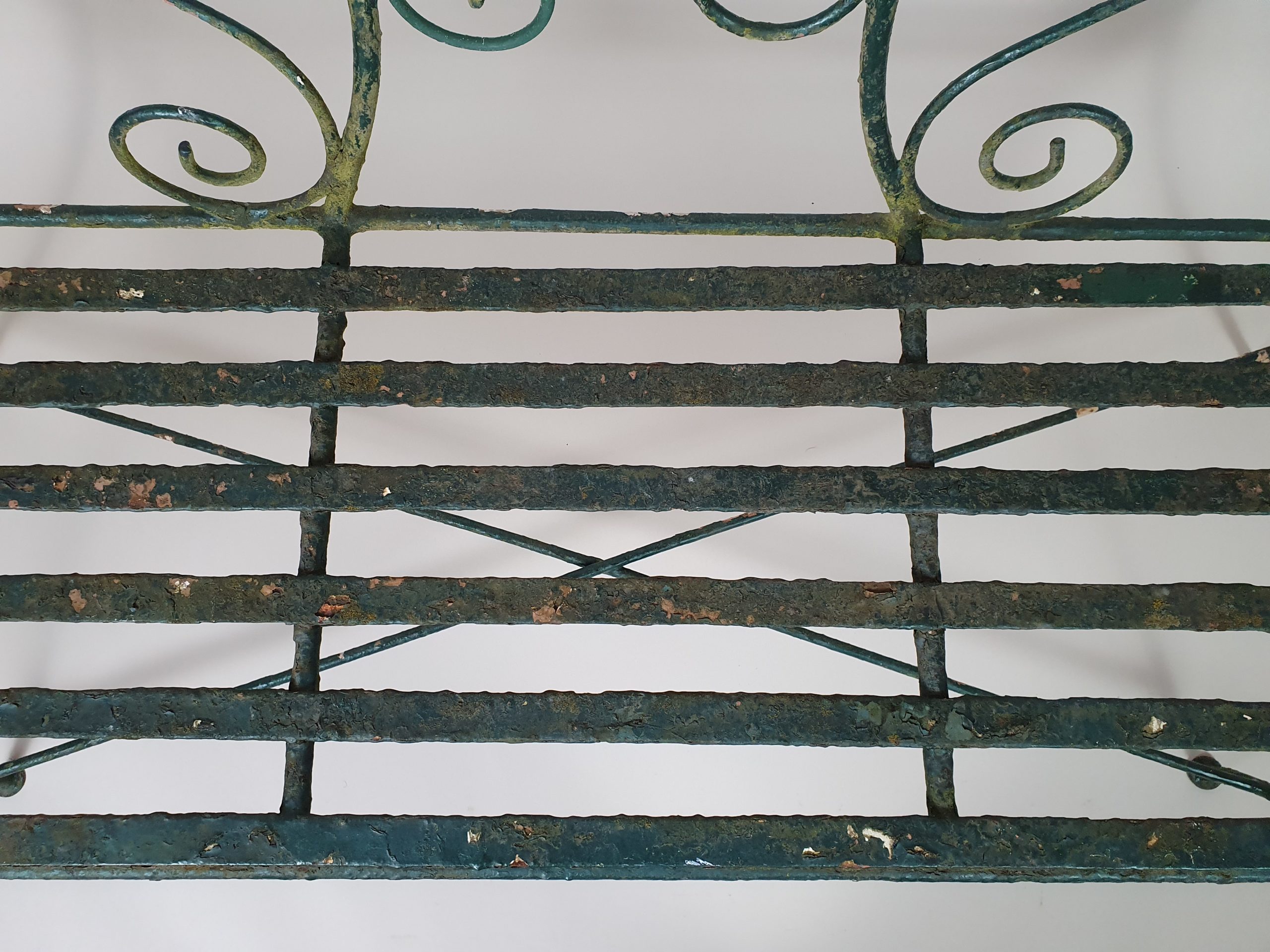 Green wrought iron mid century garden bench and chairs