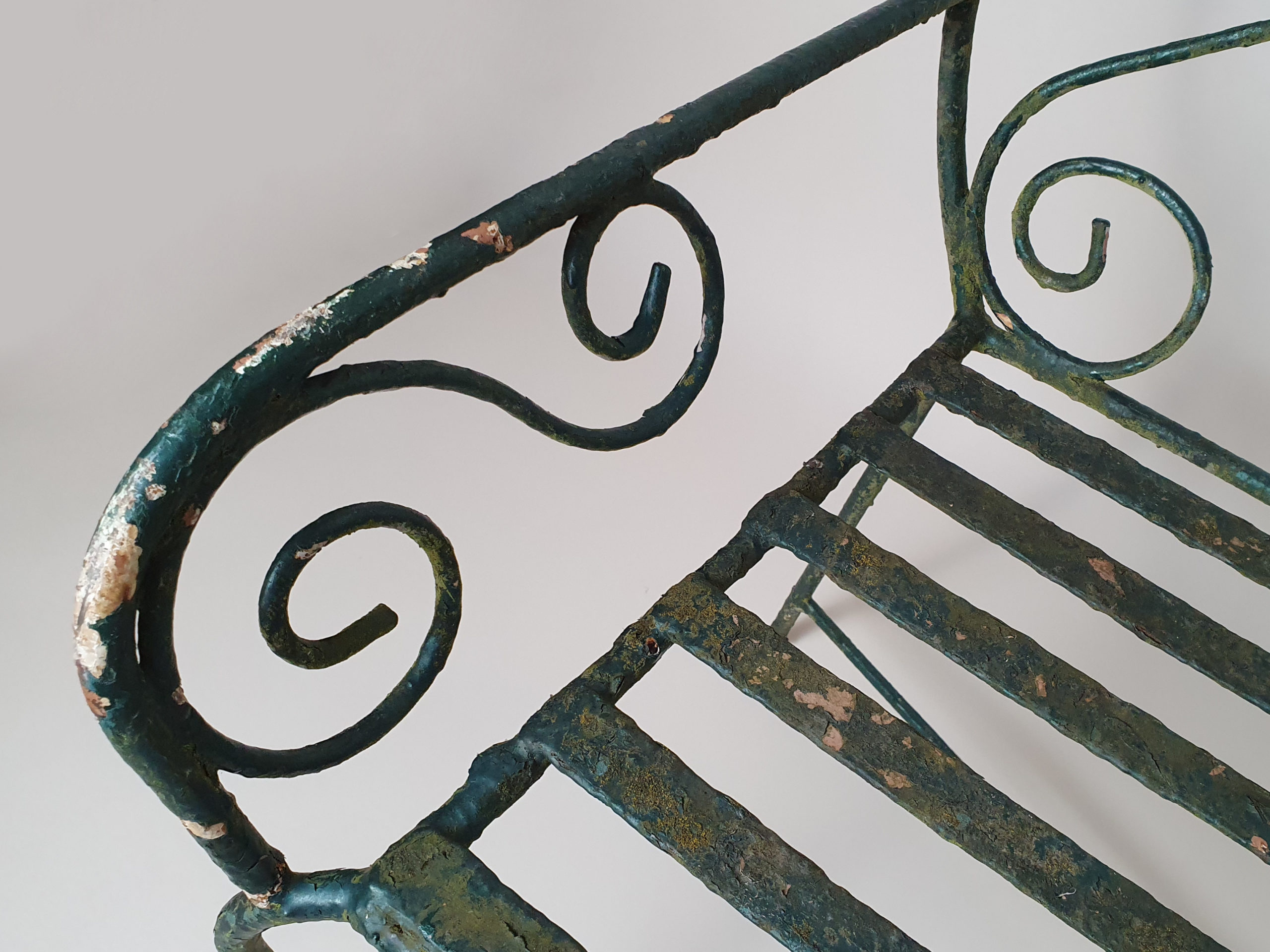 Green wrought iron mid century garden bench and chairs