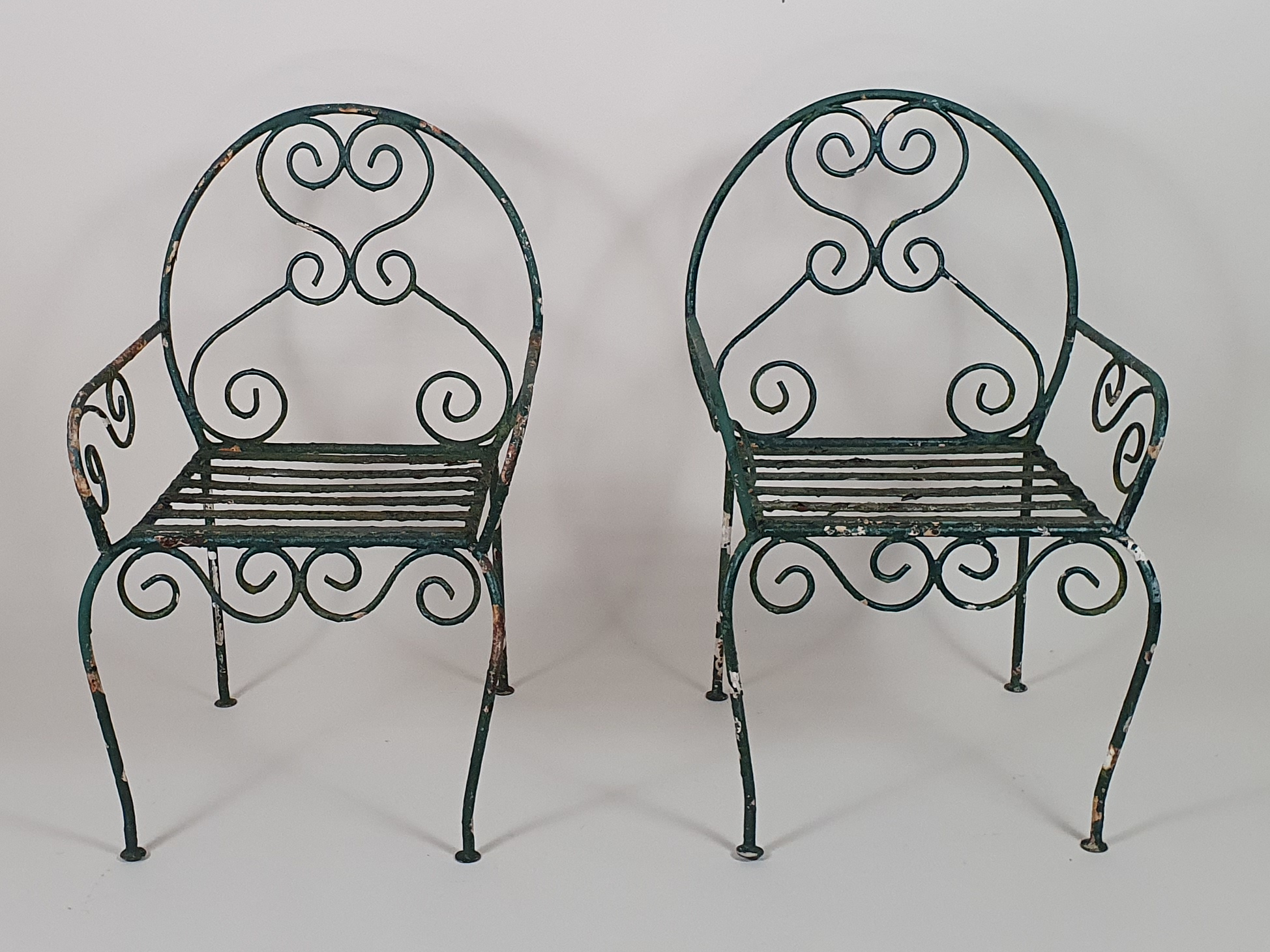 Green wrought iron mid century garden bench and chairs