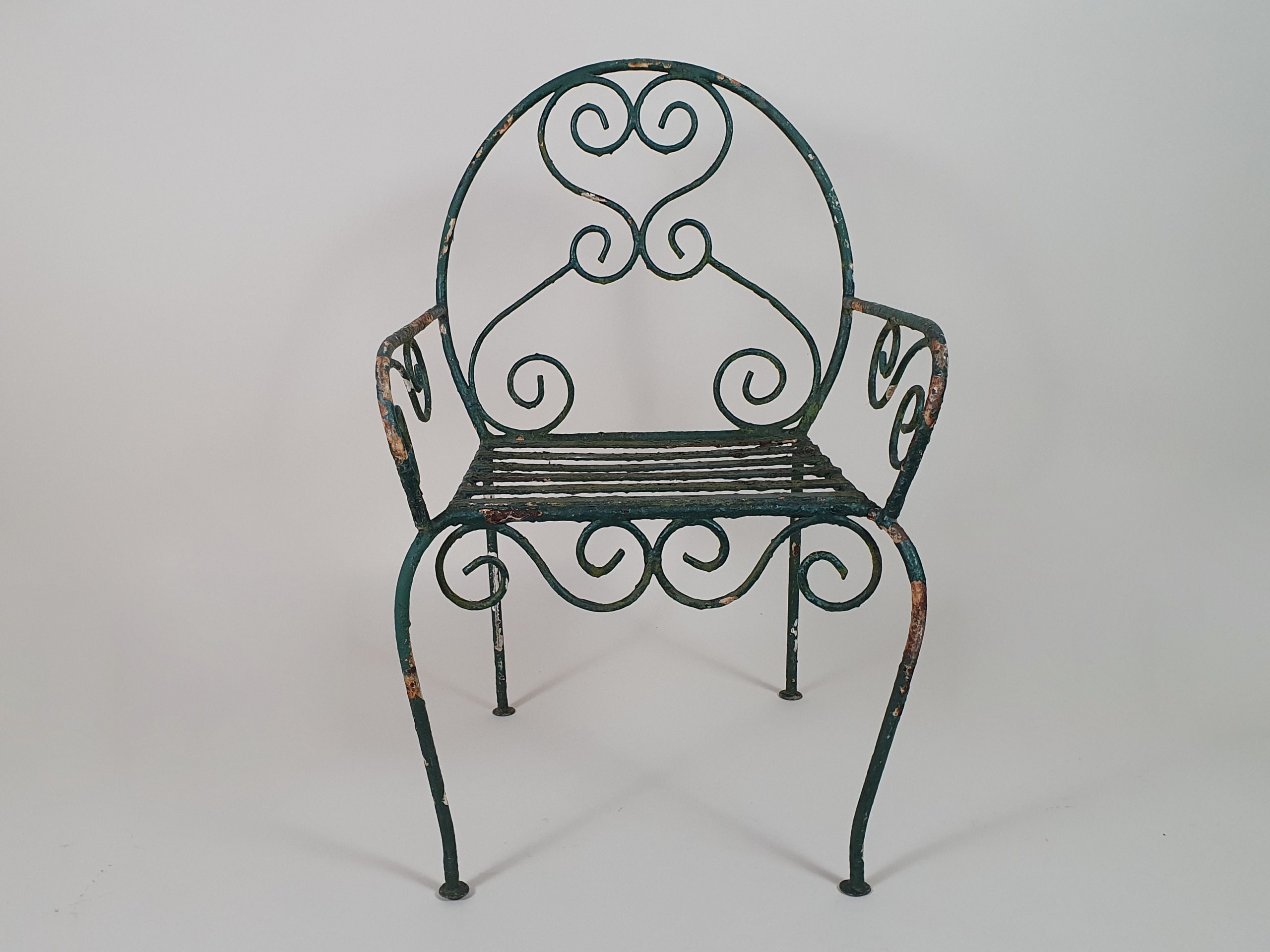 Green wrought iron mid century garden bench and chairs