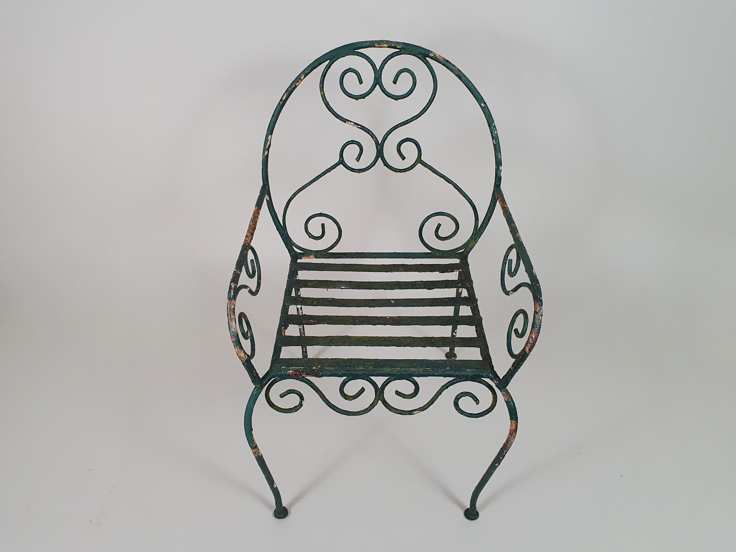 Green wrought iron mid century garden bench and chairs