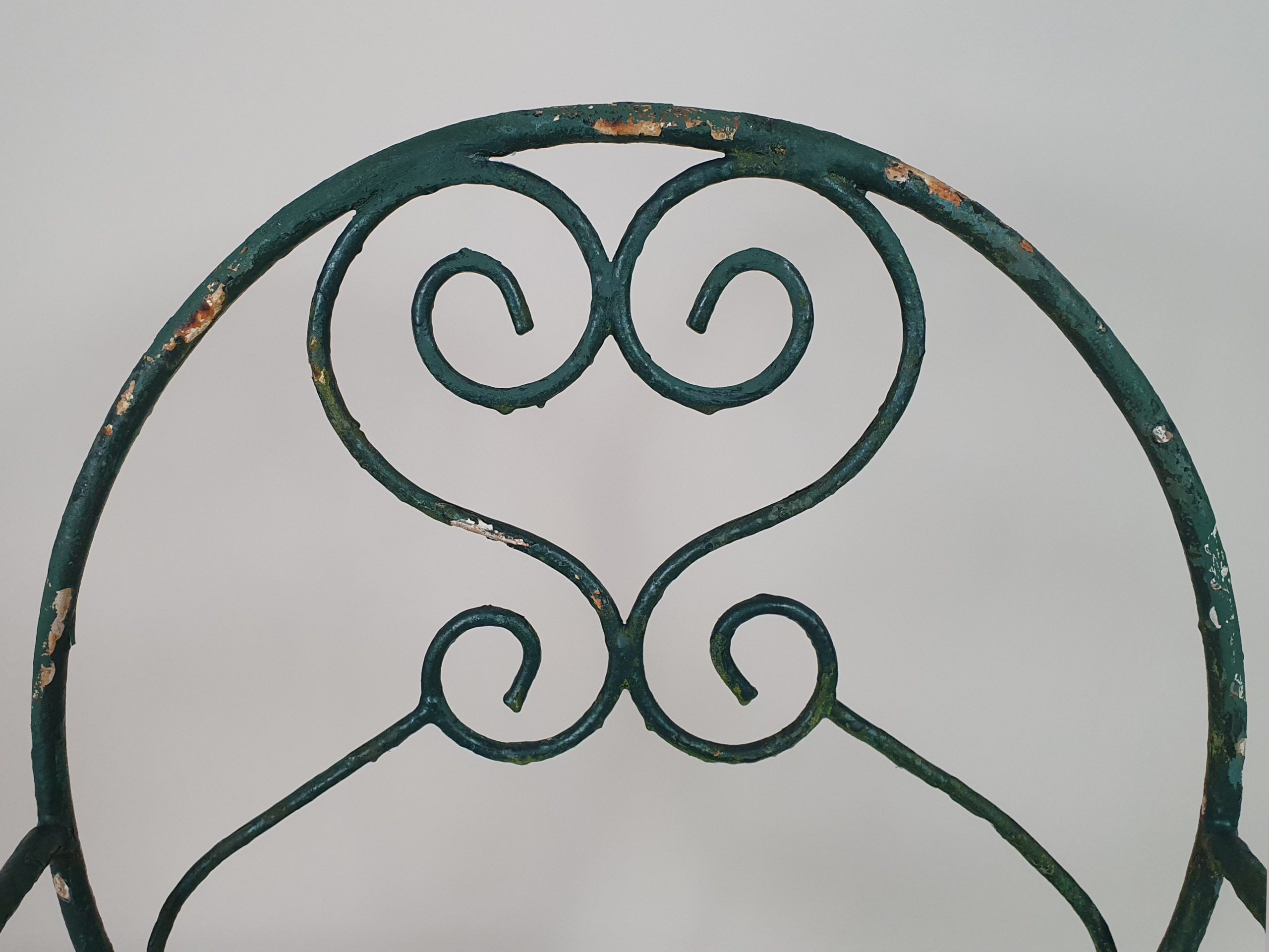 Green wrought iron mid century garden bench and chairs