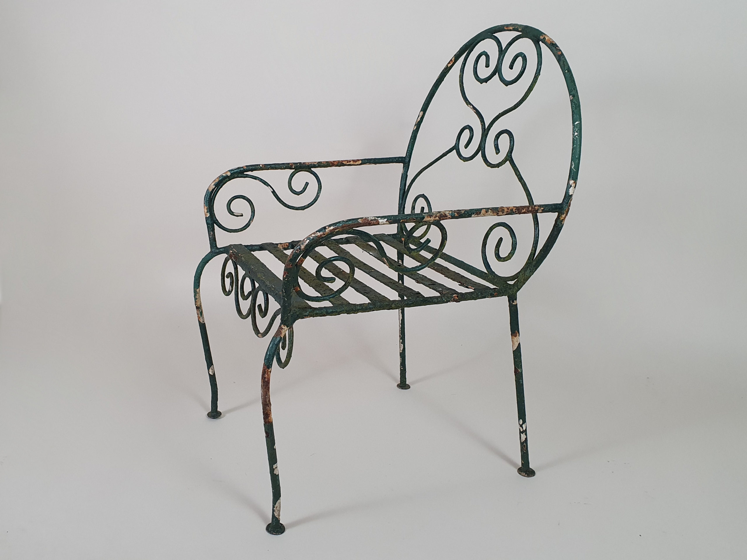 Green wrought iron mid century garden bench and chairs