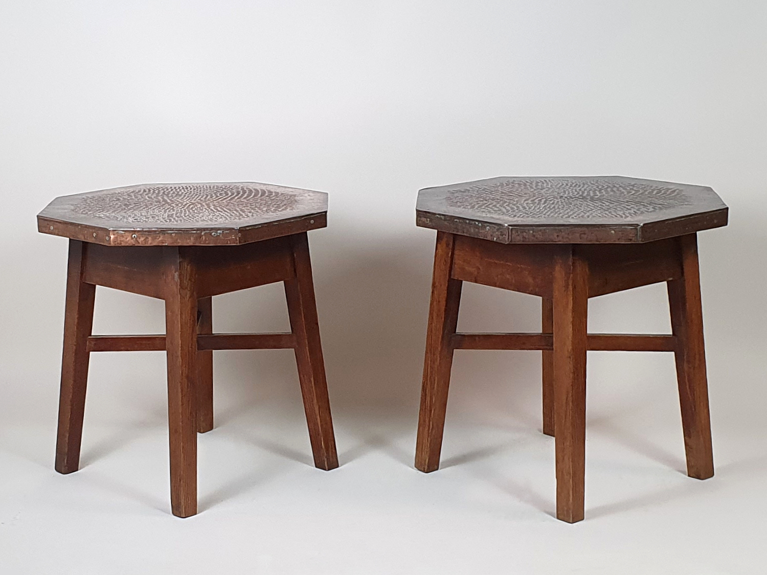 Pair of mid century oak Side Tables with copper surfaces