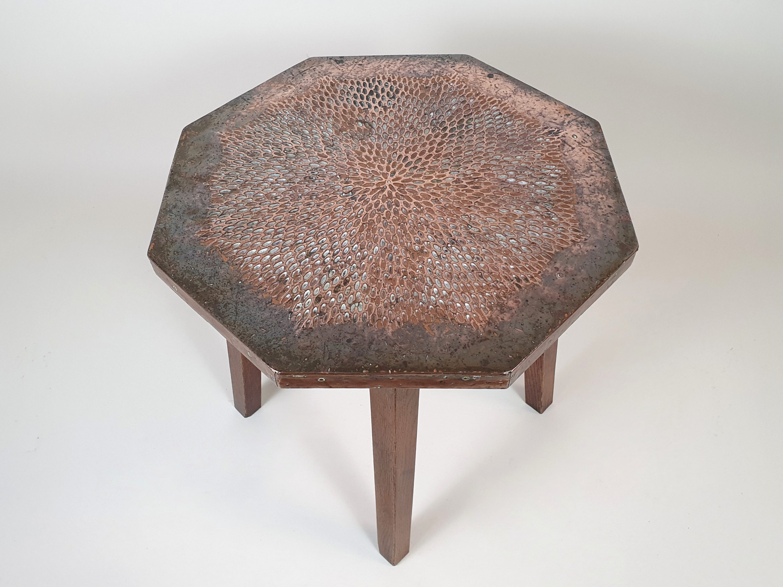 Pair of mid century oak Side Tables with copper surfaces