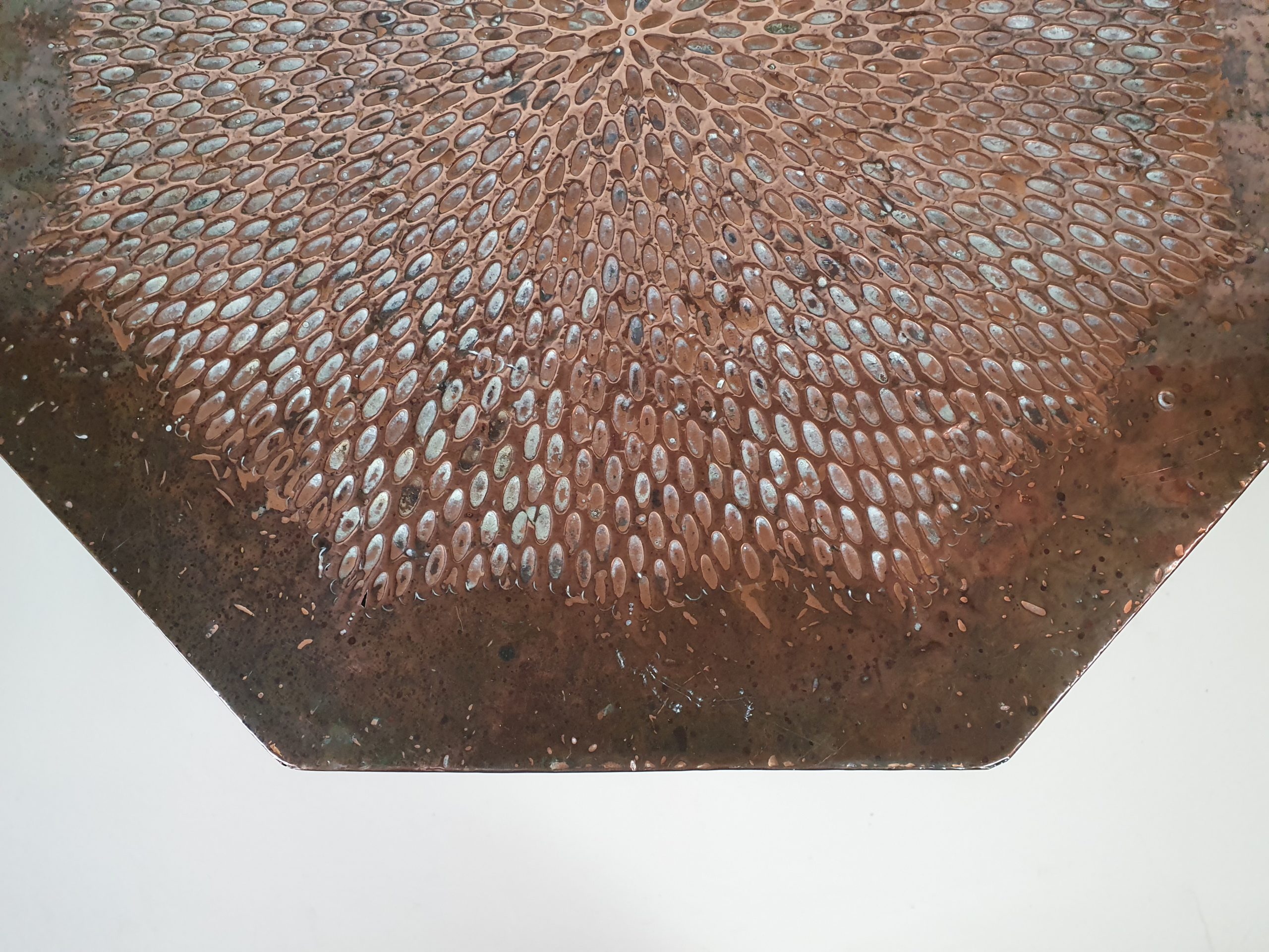 Pair of mid century oak Side Tables with copper surfaces
