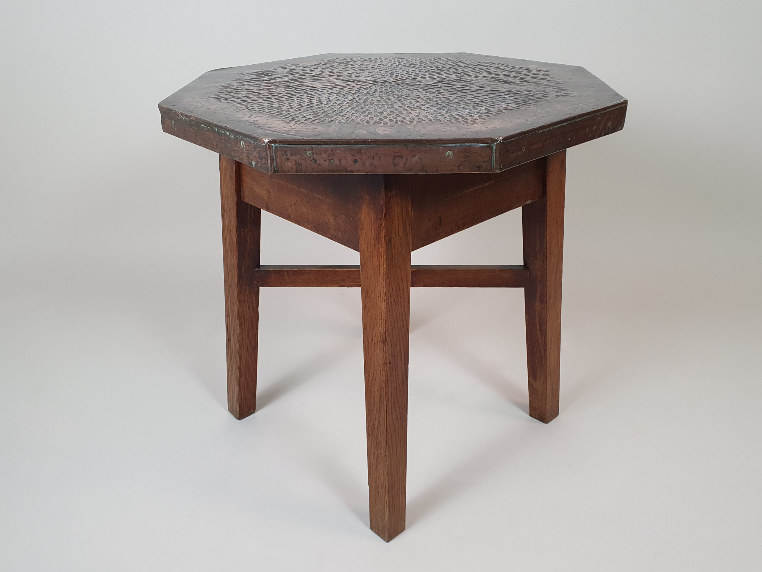 Pair of mid century oak Side Tables with copper surfaces