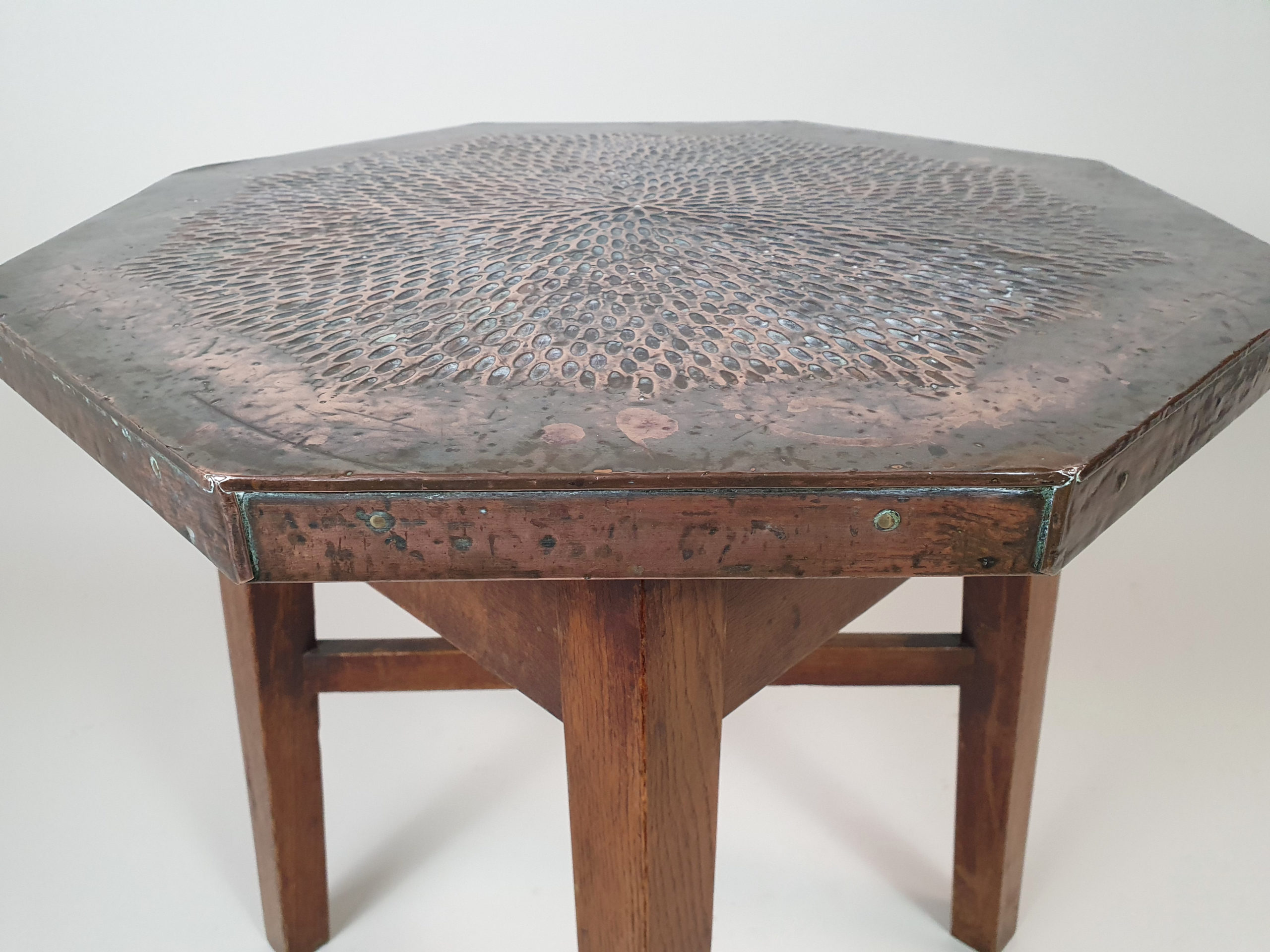 Pair of mid century oak Side Tables with copper surfaces