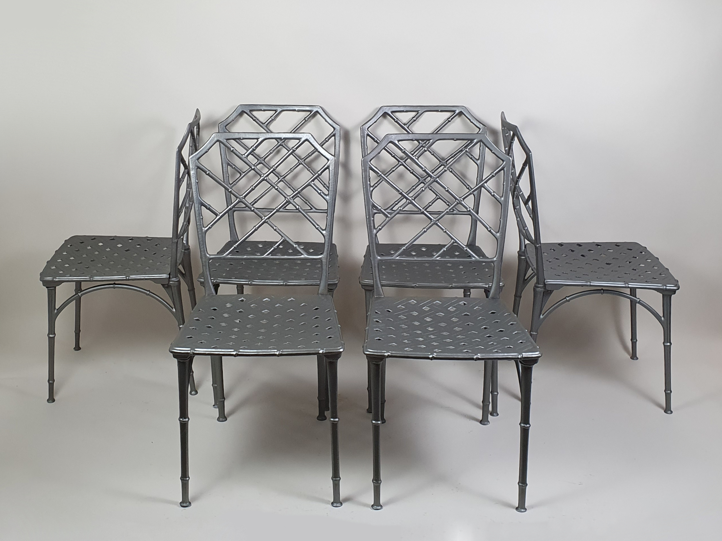 1970s faux bamboo aluminium Table with 6 Chairs, inspired by Brown Jordan in the Chinese Chippendale style