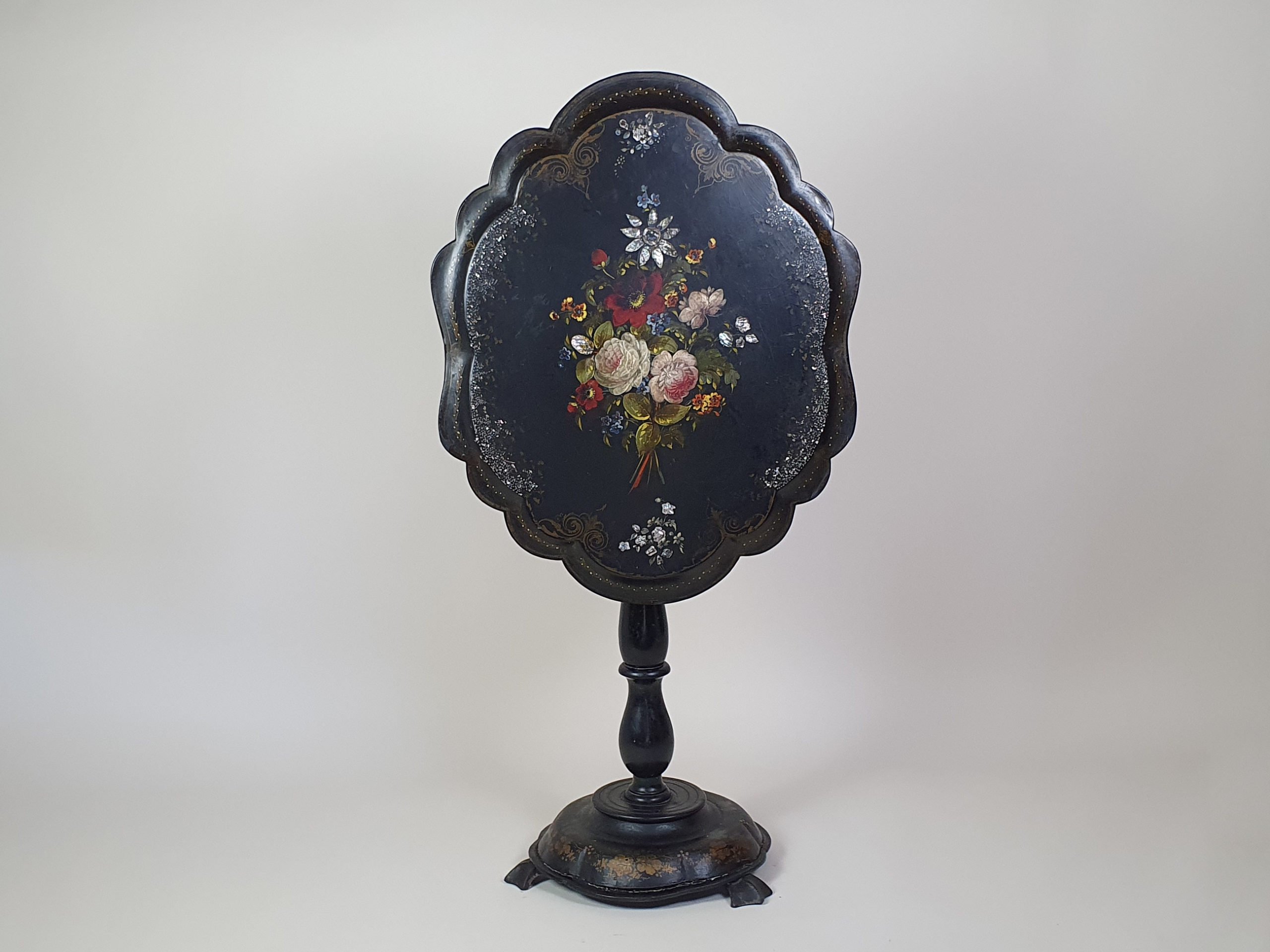 Victorian tilt top papier maché Table with a floral mother of pearl inlay