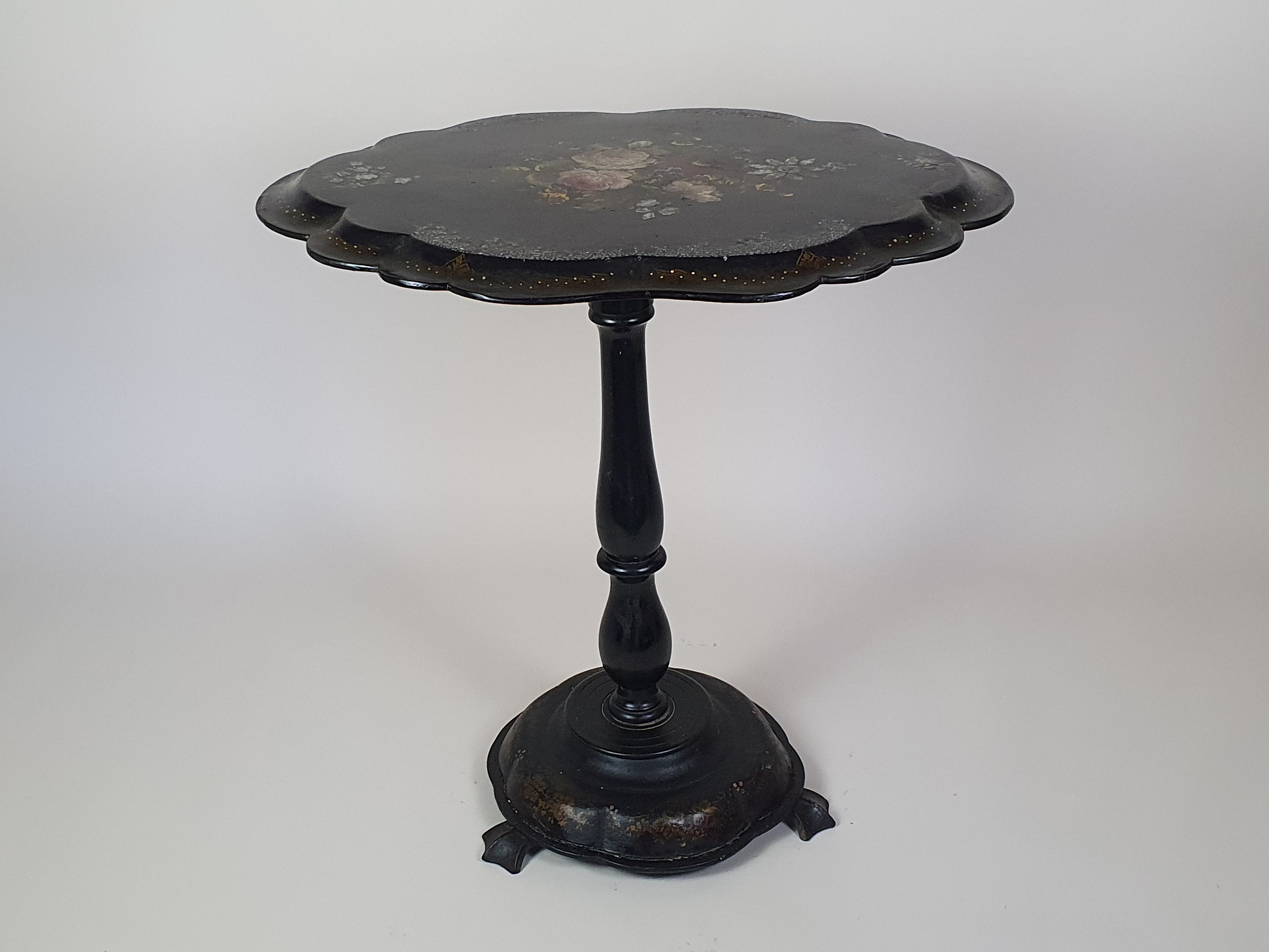 Victorian tilt top papier maché Table with a floral mother of pearl inlay
