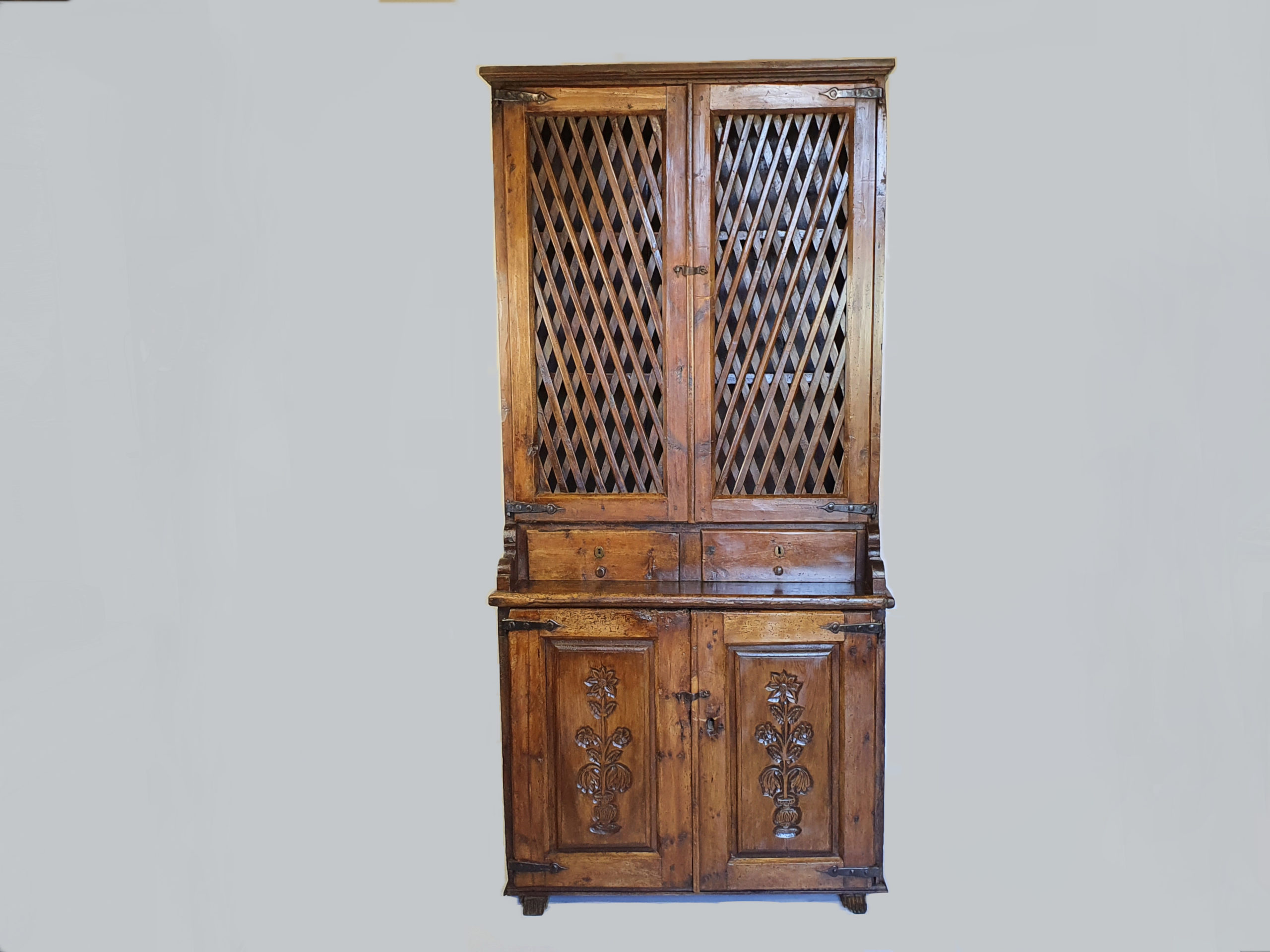 Early 1800s rustic willow and fruitwood French Cupboard