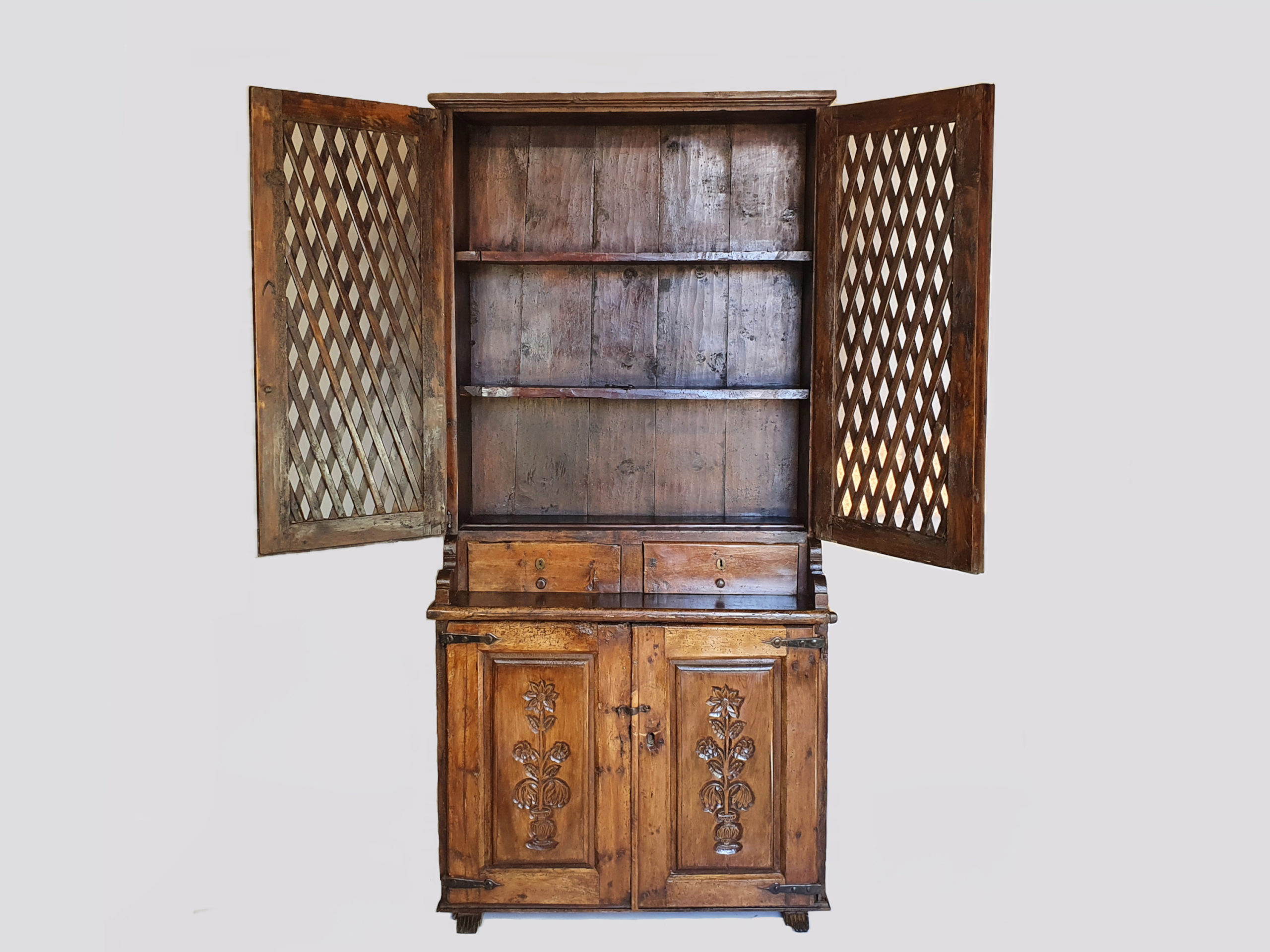 Early 1800s rustic willow and fruitwood French Cupboard