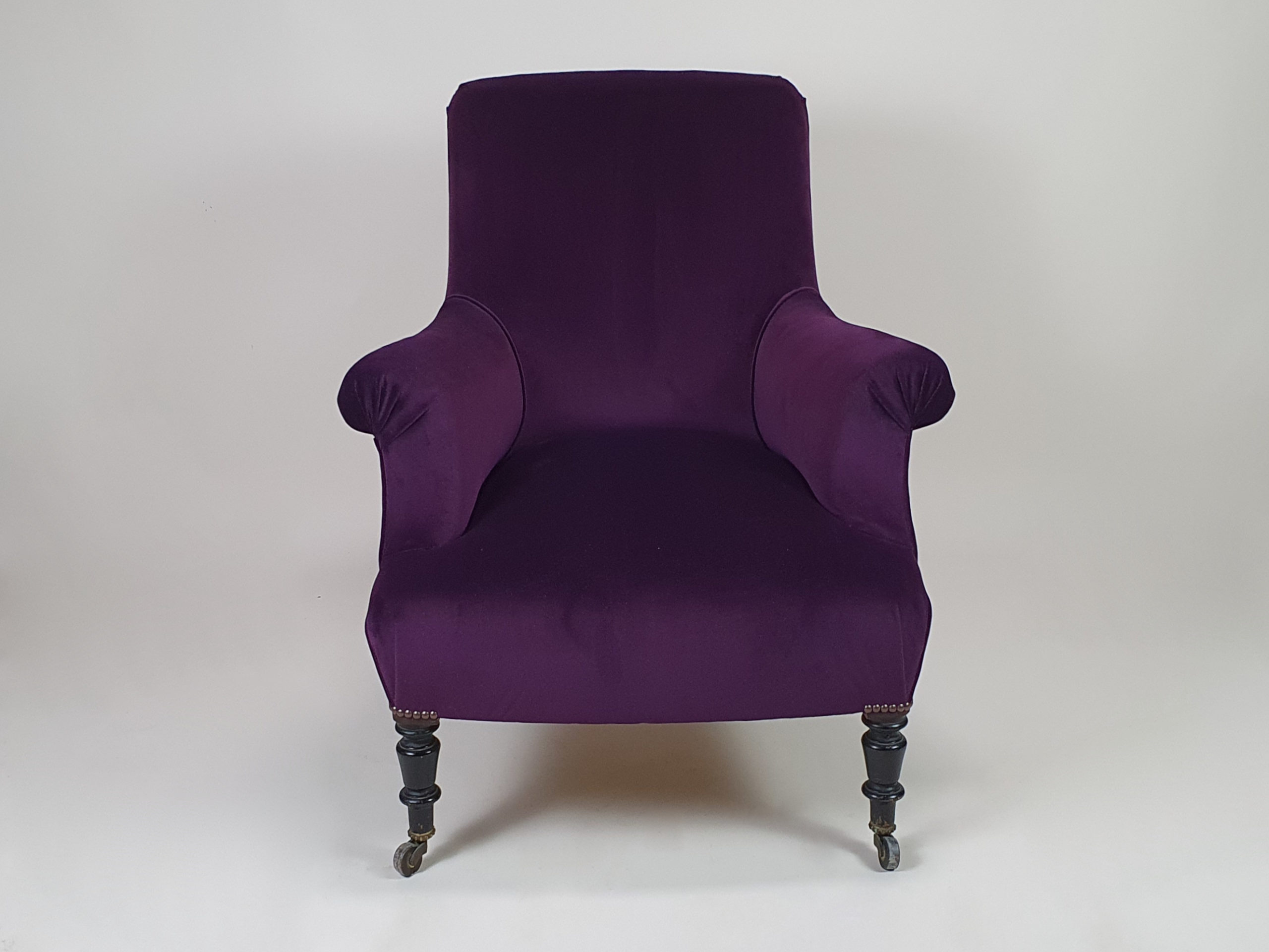 Antique Napoleon III Armchair recovered in Designers Guild purple velvet