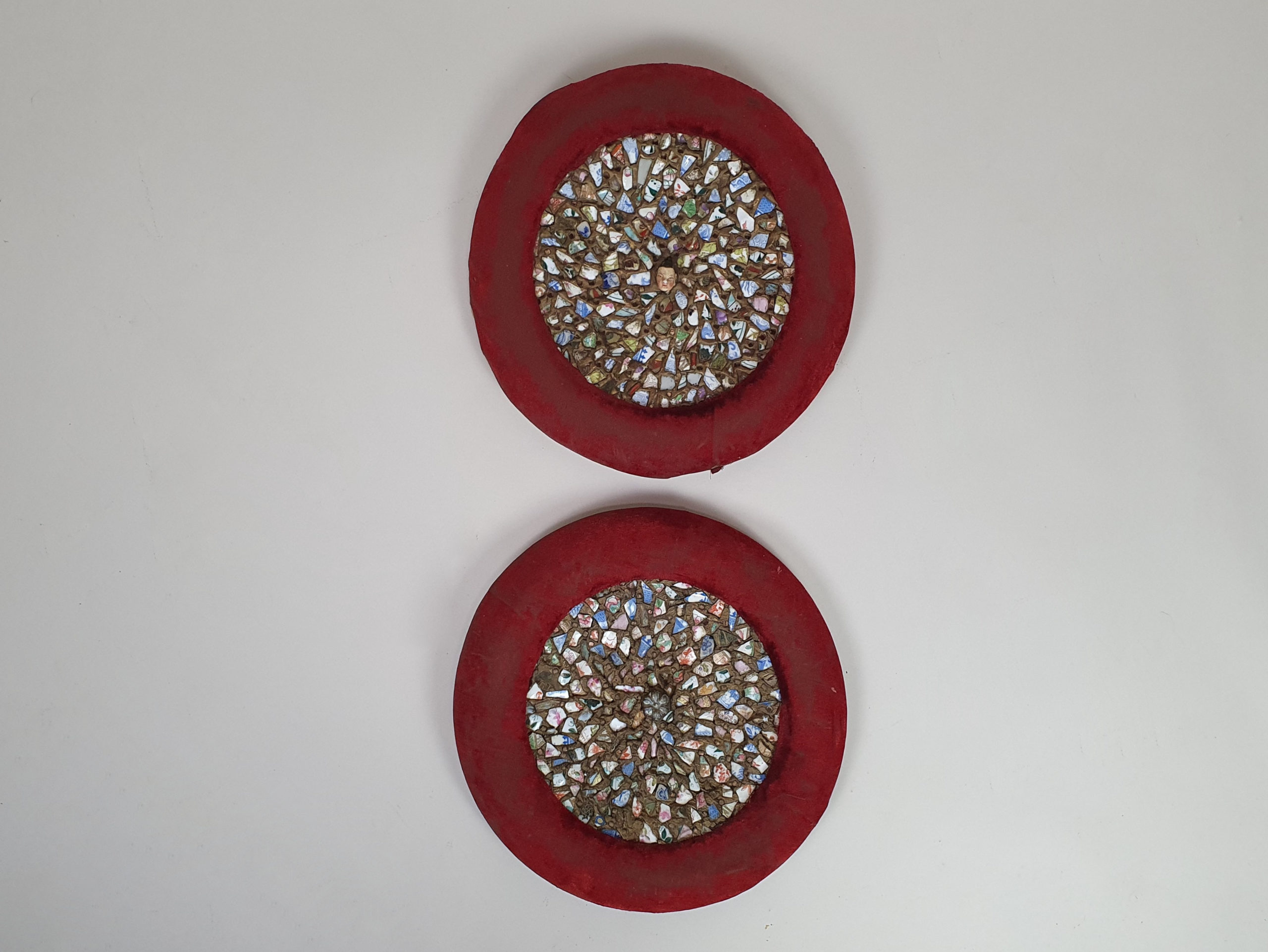 Pair of French Pique Assiettes, broken tile mosaic Plates