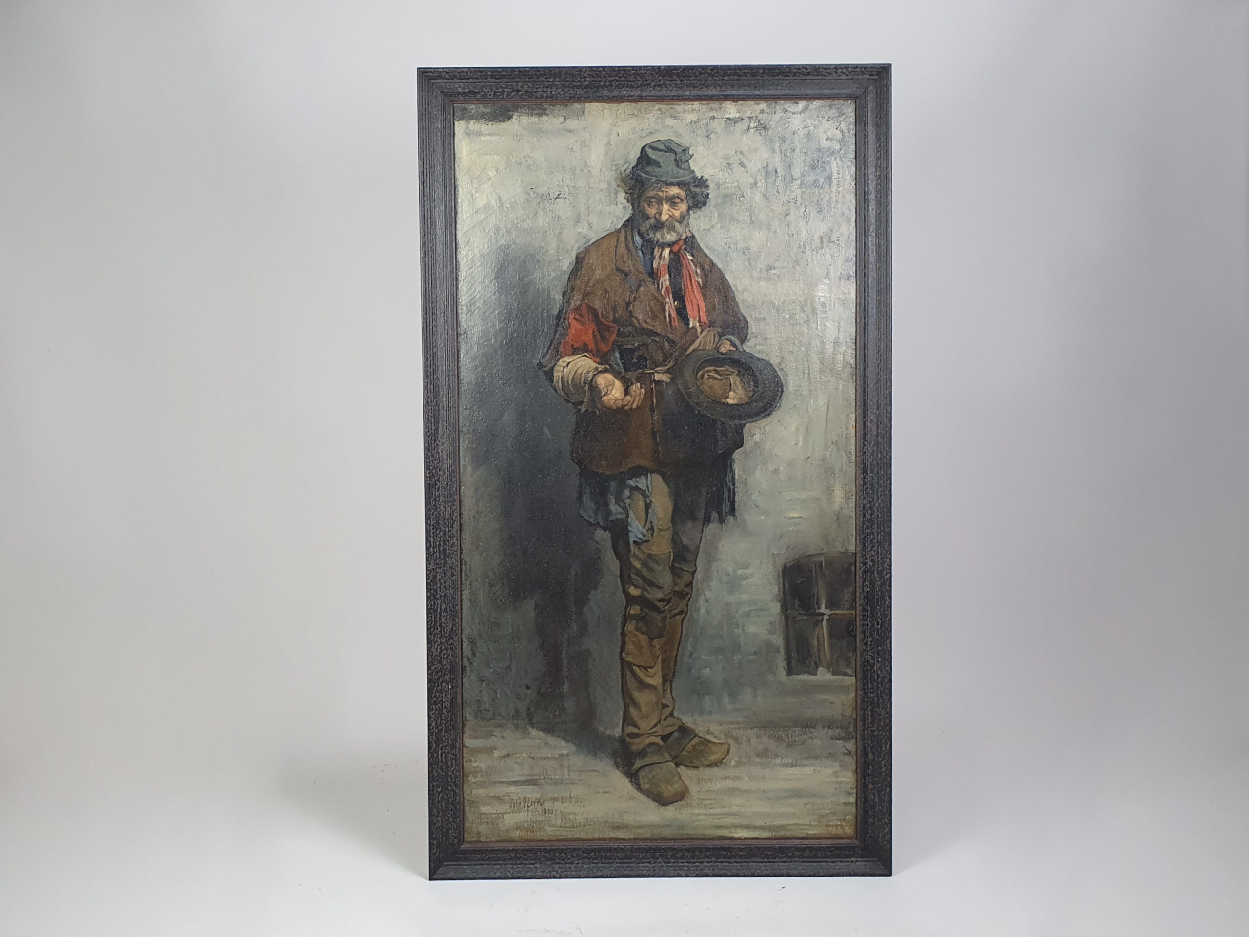 Large 19th century oil on canvas portrait of a tramp