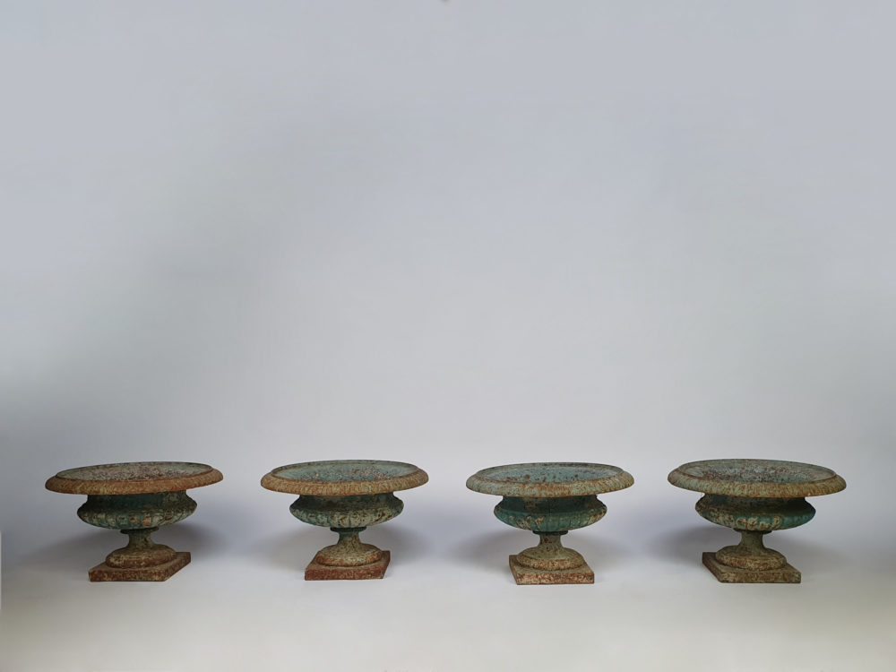 Exceptional run of four Georgian tazza Urns, with original duck egg blue paint