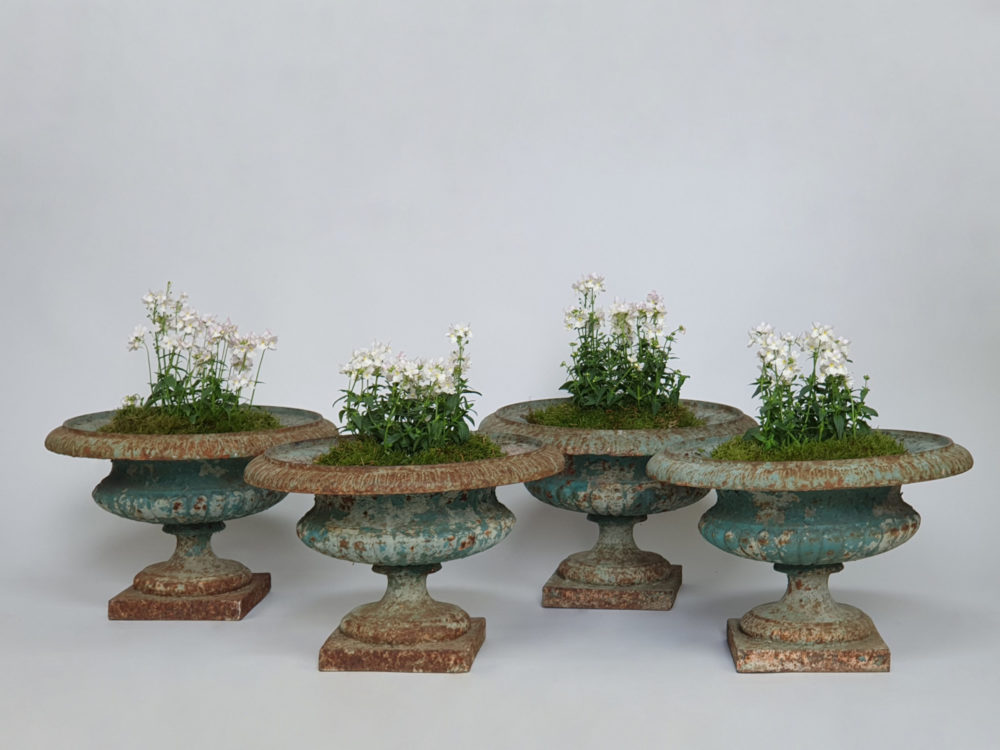 Exceptional run of four Georgian tazza Urns, with original duck egg blue paint