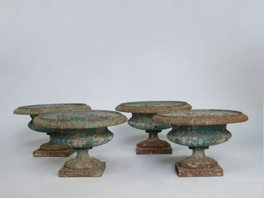 Exceptional run of four Georgian tazza Urns, with original duck egg blue paint