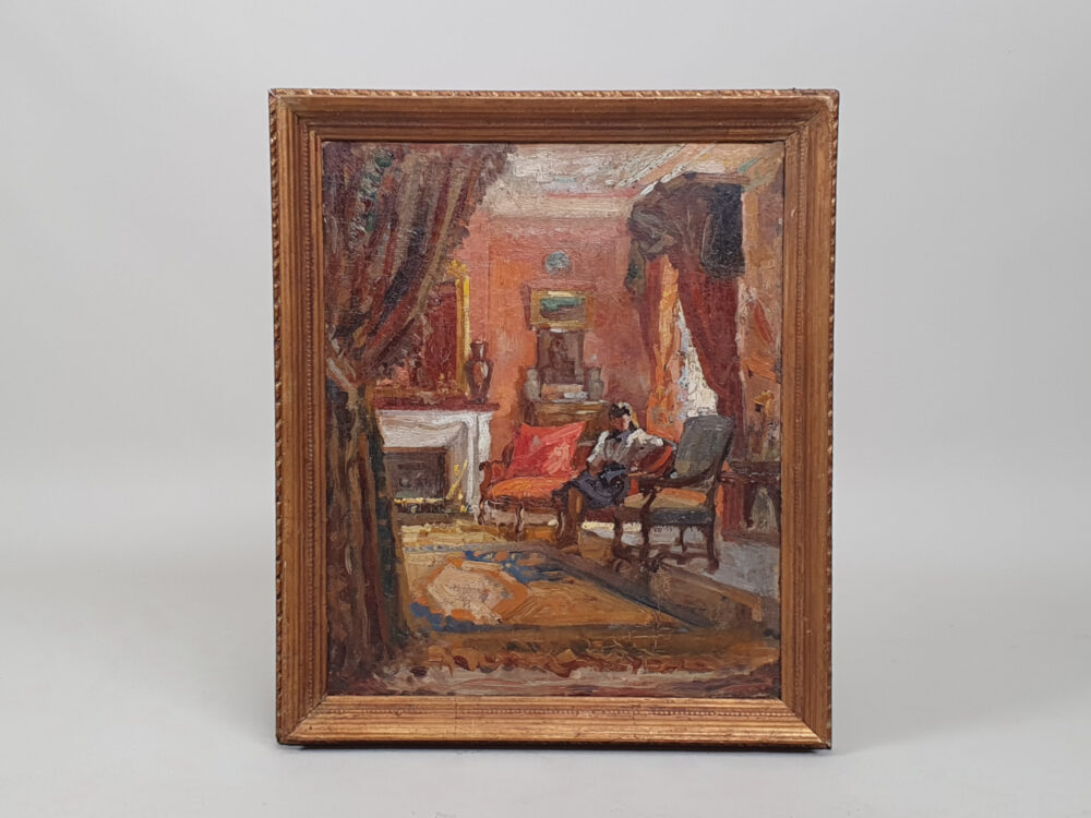 A mid century oil painting - Interior Portrait of a Drawing Room and a Woman
