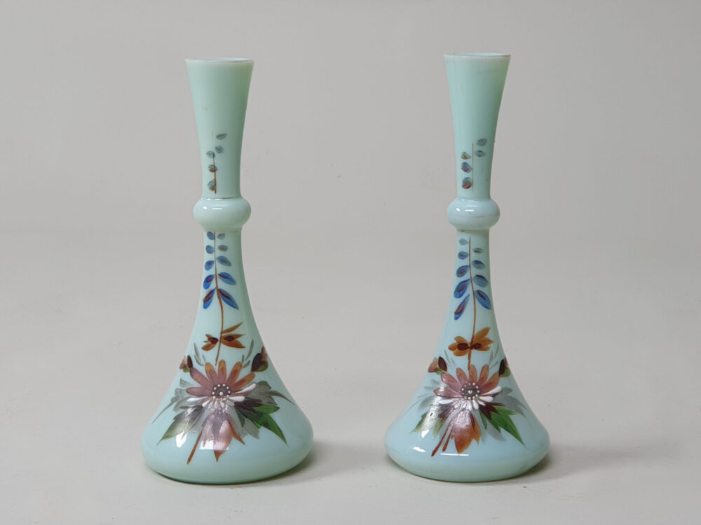 A pair of Victorian decorative antique turquoise opaque glass Vases with hand painted floral design