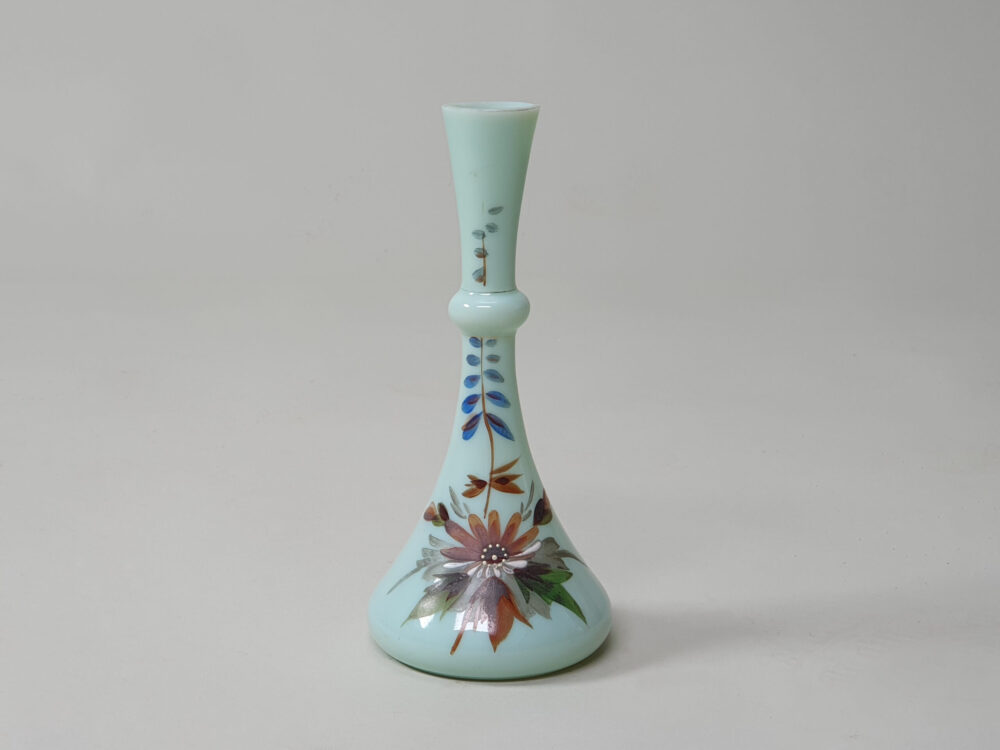 A pair of Victorian decorative antique turquoise opaque glass Vases with hand painted floral design
