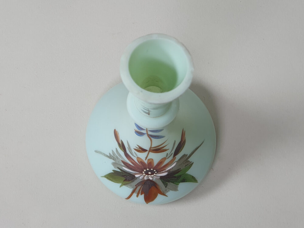 A pair of Victorian decorative antique turquoise opaque glass Vases with hand painted floral design
