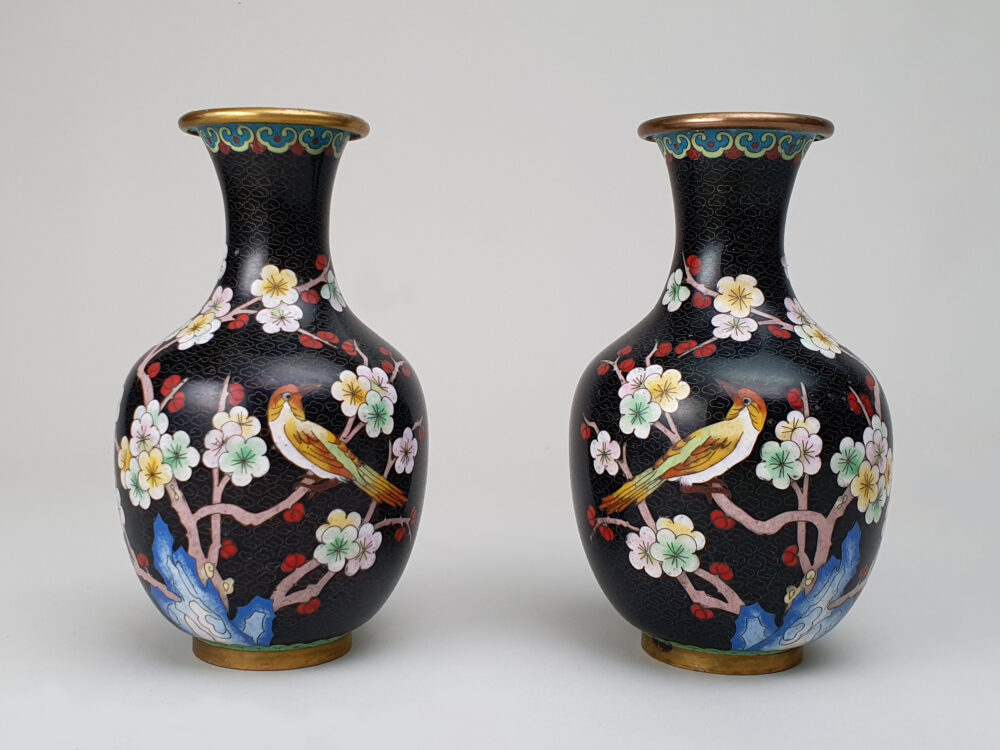 A pair of decorative antique Japanese Cloisonné Vases with exotic finches and magnolia trees