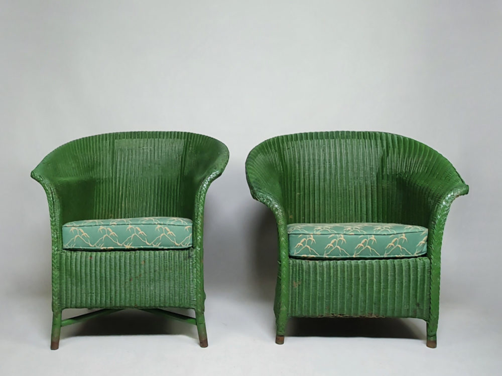 Antique Art Deco green Lloyd Loom Sofa and 4 Chairs, including 2 Zepplin models