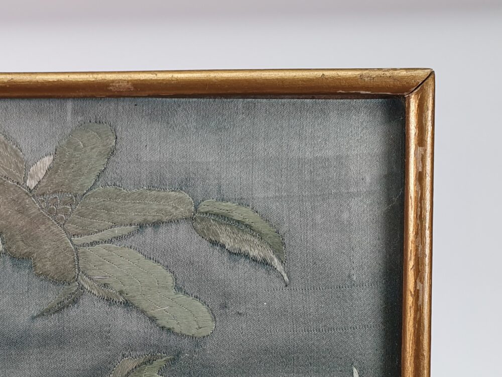 Antique Chinese silk floral Embroidery Panel in turquoise