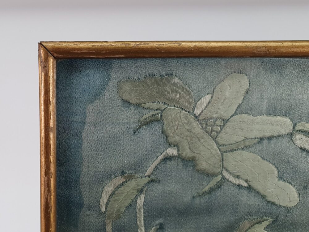 Antique Chinese silk floral Embroidery Panel in turquoise
