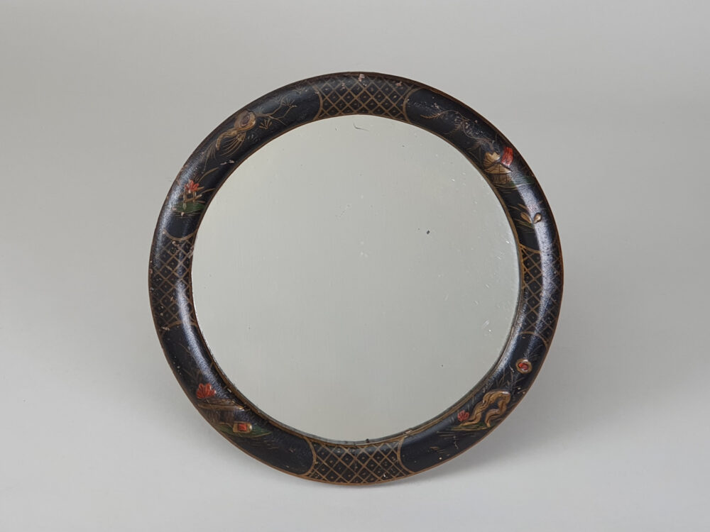 Antique Chinoiserie black lacquered circular Mirror